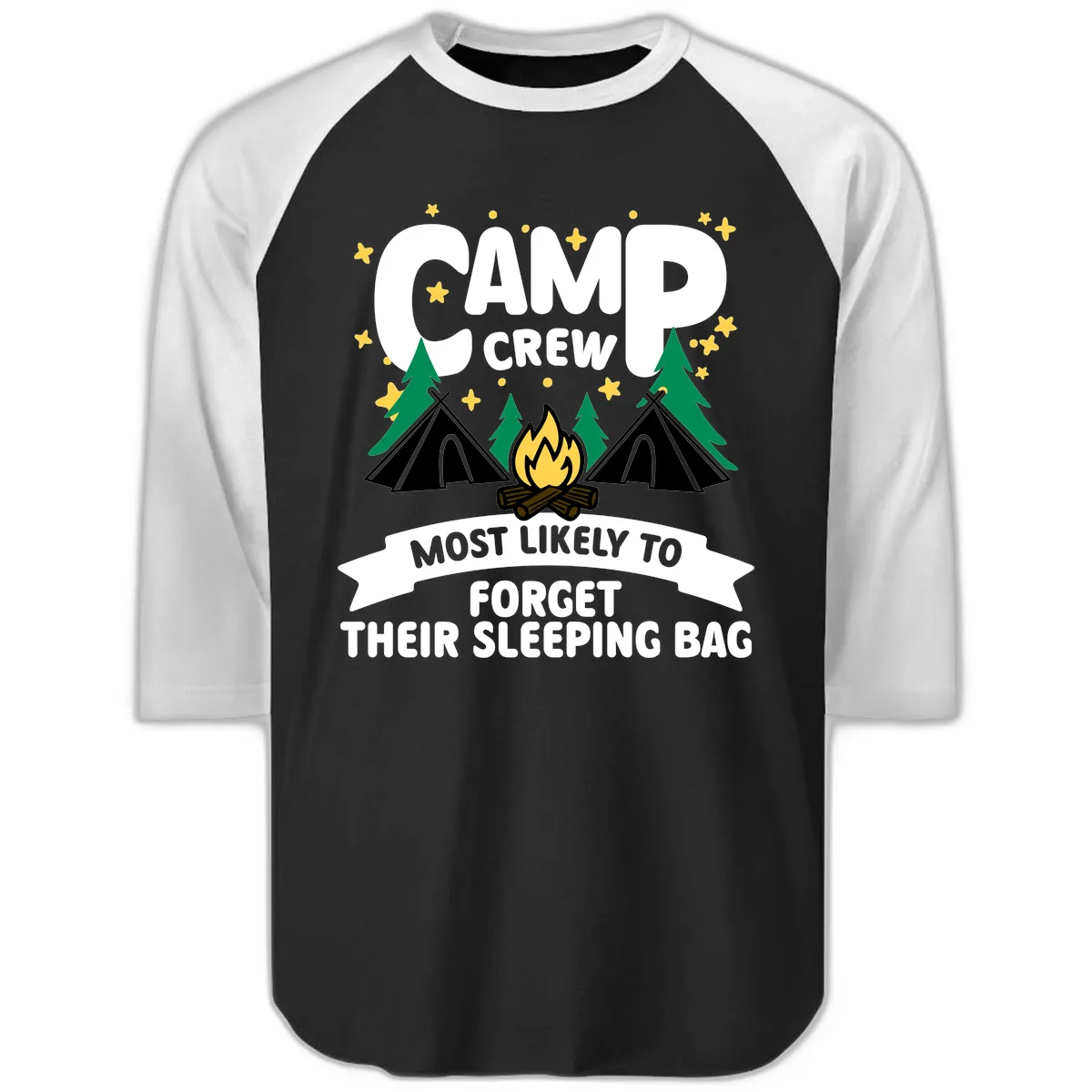 Camp Crew Most Likely To Forget Sleeping Bag Raglan 3/4 in Black White