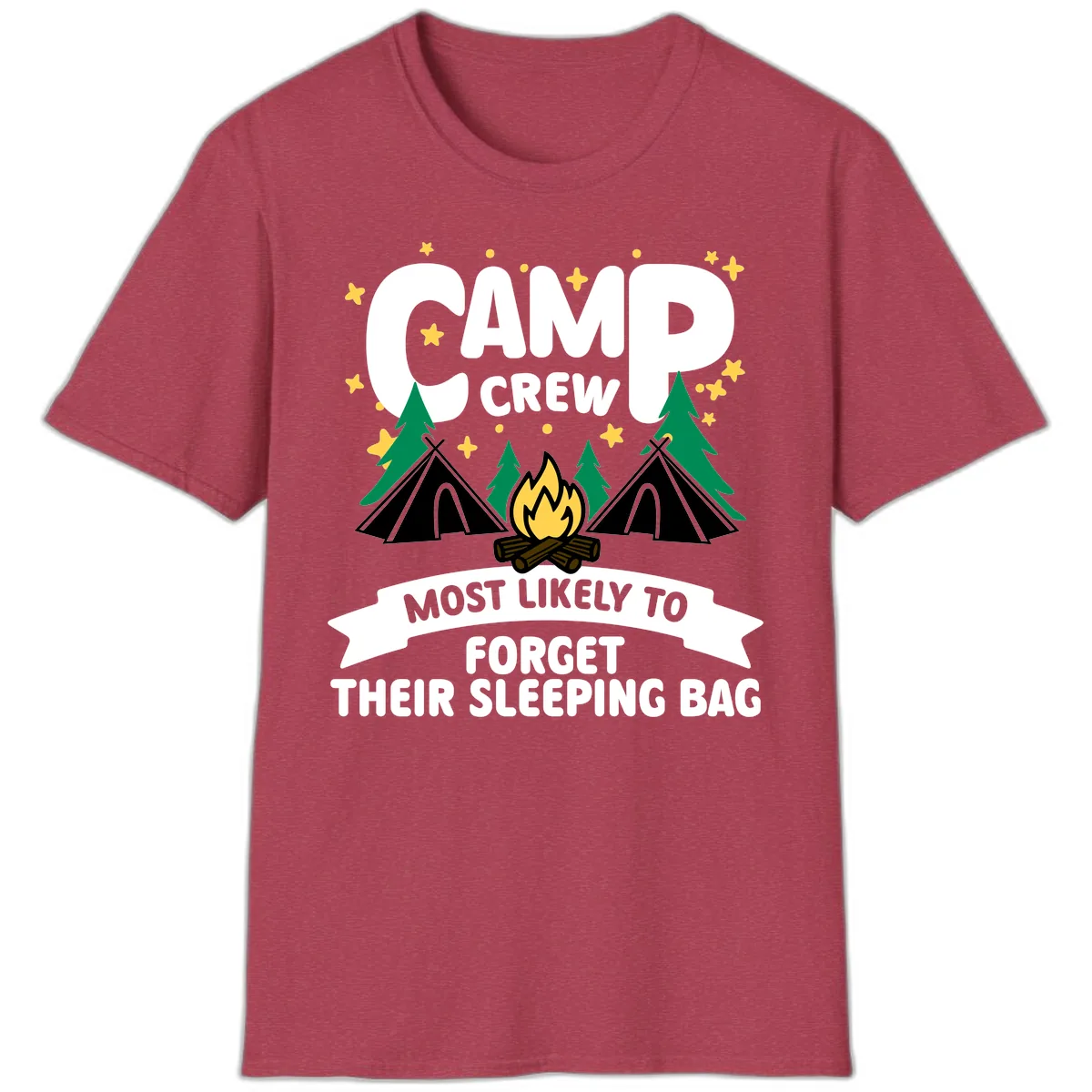 Camp Crew Most Likely To Forget Sleeping Bag T-Shirt in Heather Cardinal