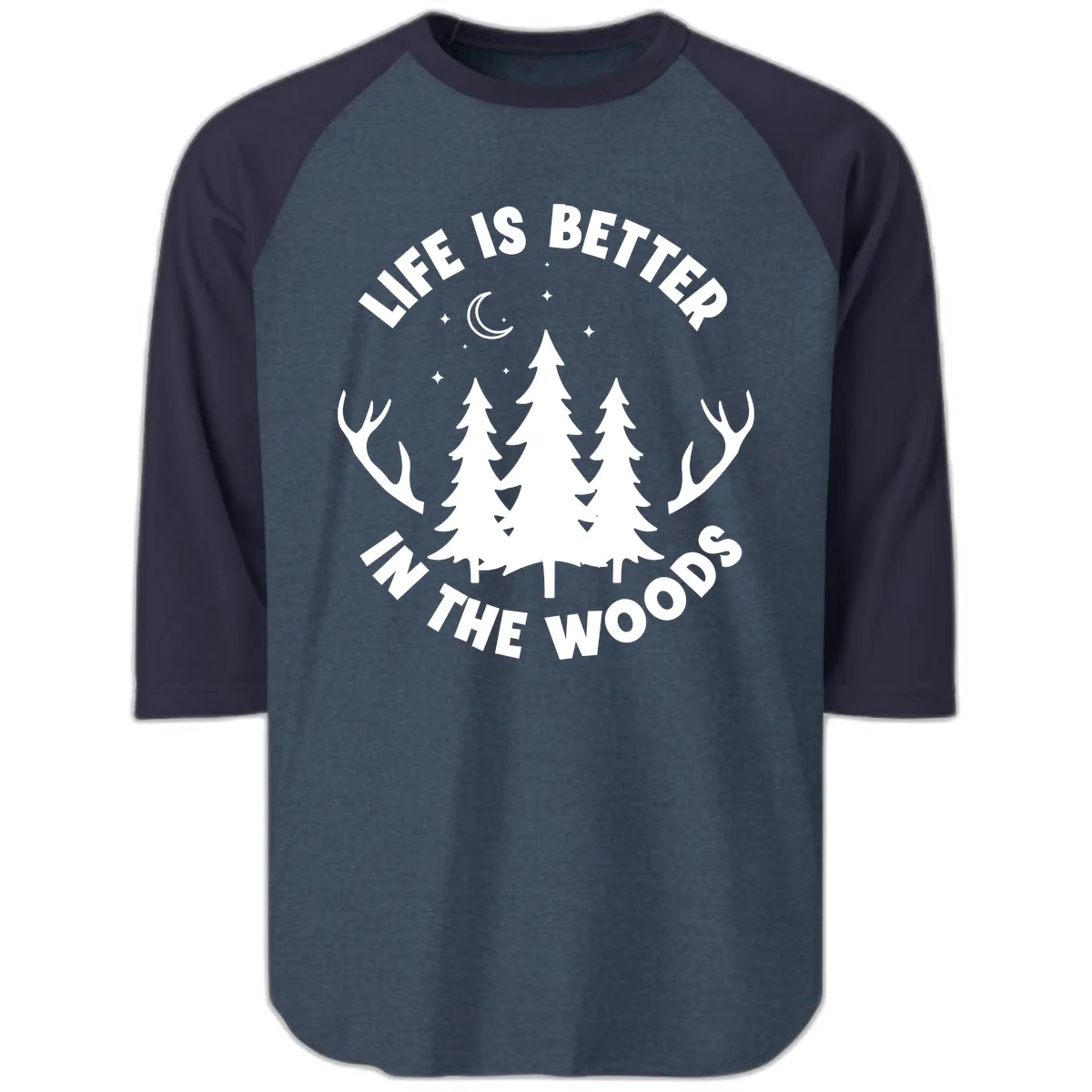 Life Is Better In The Woods Raglan 3/4 in Heather Denim Navy