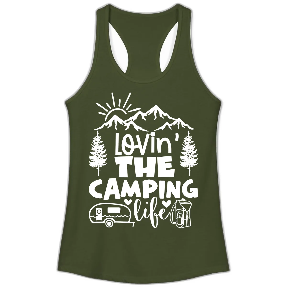 Lovin' The Camping Life Ladies Tank in Solid Military Green