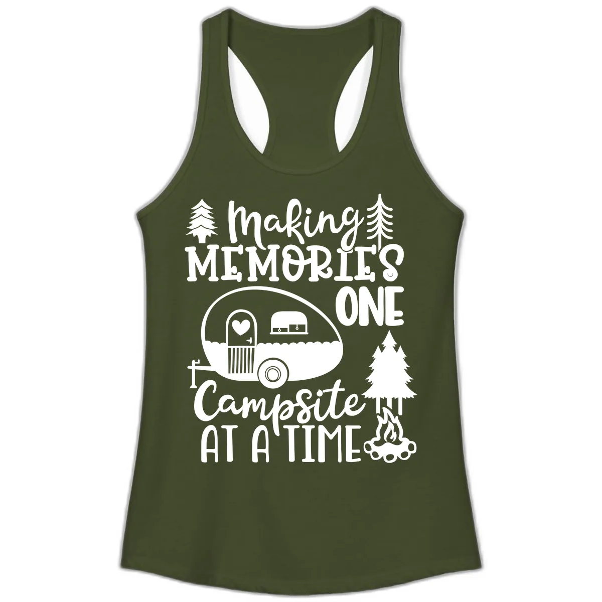 Making Memories One Campsite At A Time Ladies Tank in Solid Military Green