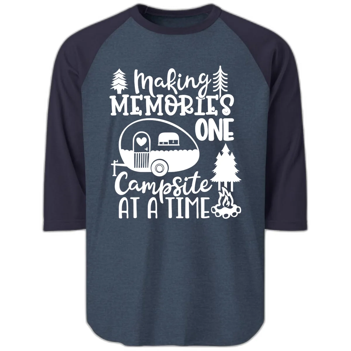 Making Memories One Campsite At A Time Raglan 3/4 in Heather Denim Navy