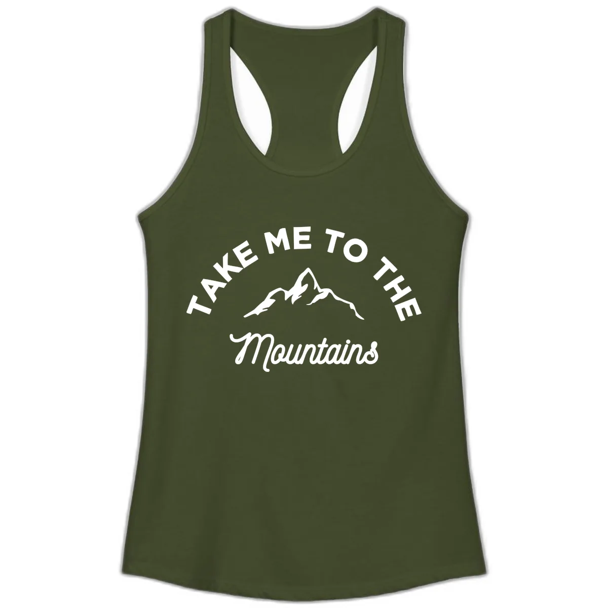 Take Me To The Mountains Ladies Tank in Solid Military Green
