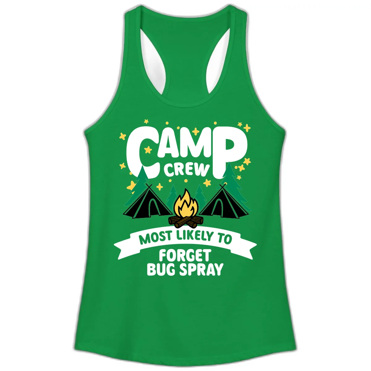 Camp Crew Most Likely To Forget Bug Spray Ladies Tank in Solid Kelly Green