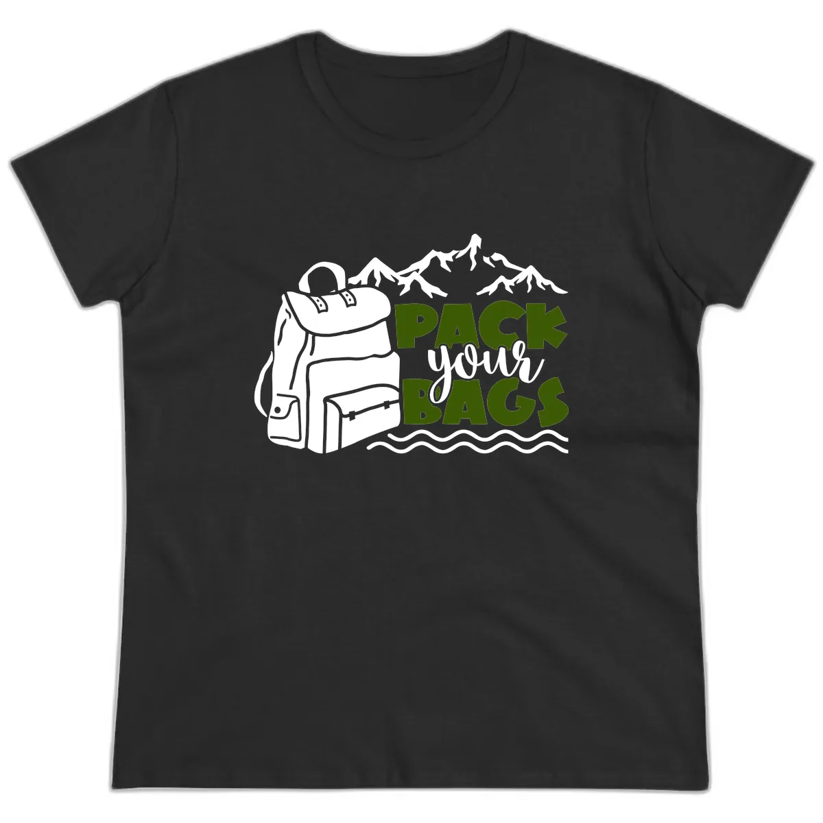 Pack Your Bags Mountain Adventure Ladies Tee in Black