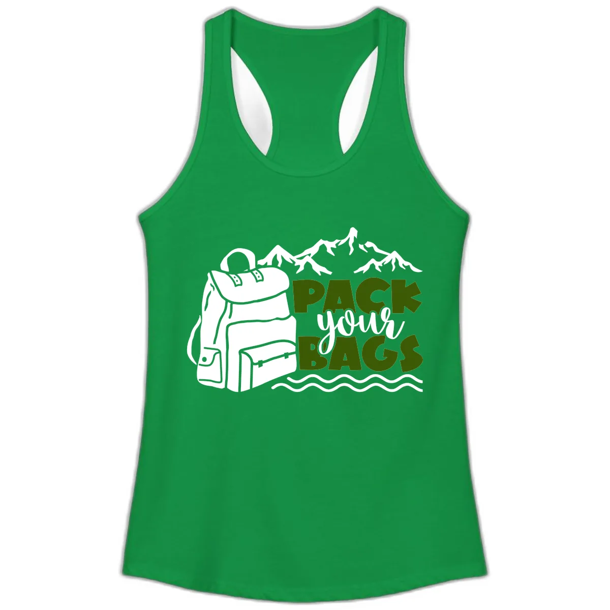Pack Your Bags Mountain Adventure Ladies Tank in Solid Kelly Green