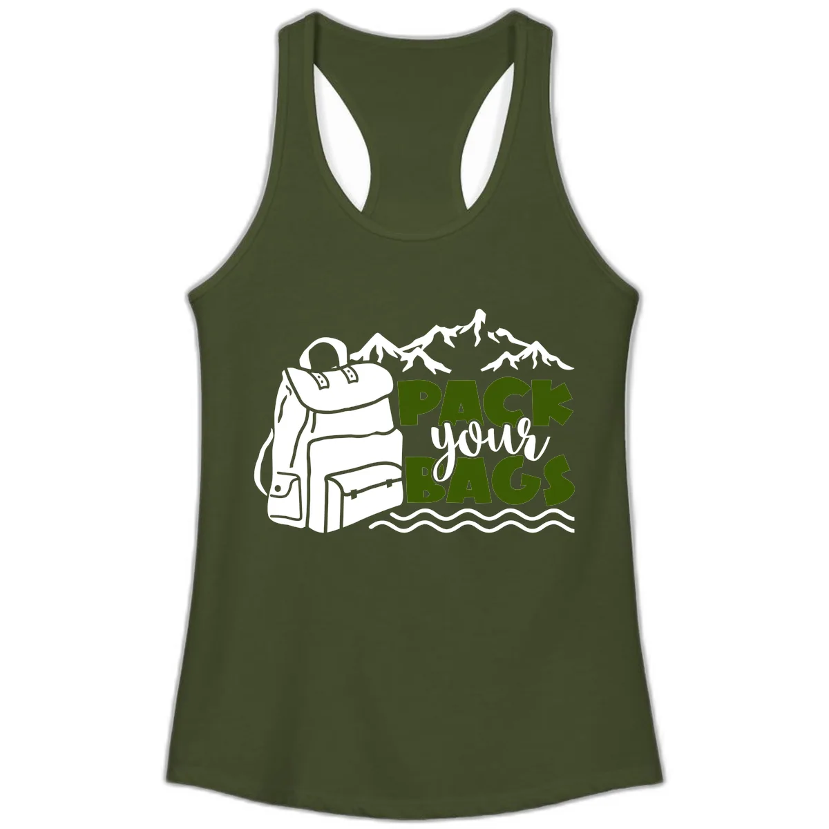 Pack Your Bags Mountain Adventure Ladies Tank in Solid Military Green