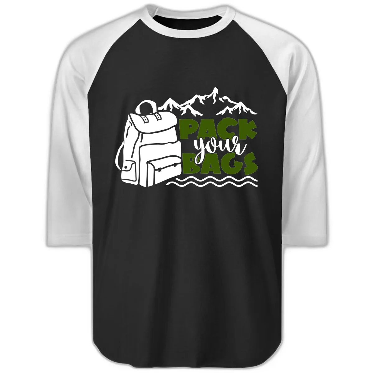 Pack Your Bags Mountain Adventure Raglan 3/4 in Black White