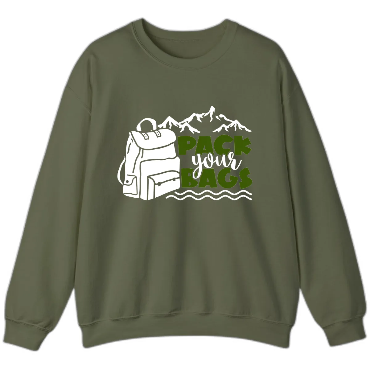 Pack Your Bags Mountain Adventure Sweatshirt in Military Green