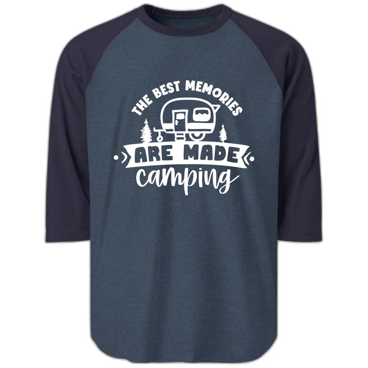 The Best Memories Are Made Camping Raglan 3/4 in Heather Denim Navy