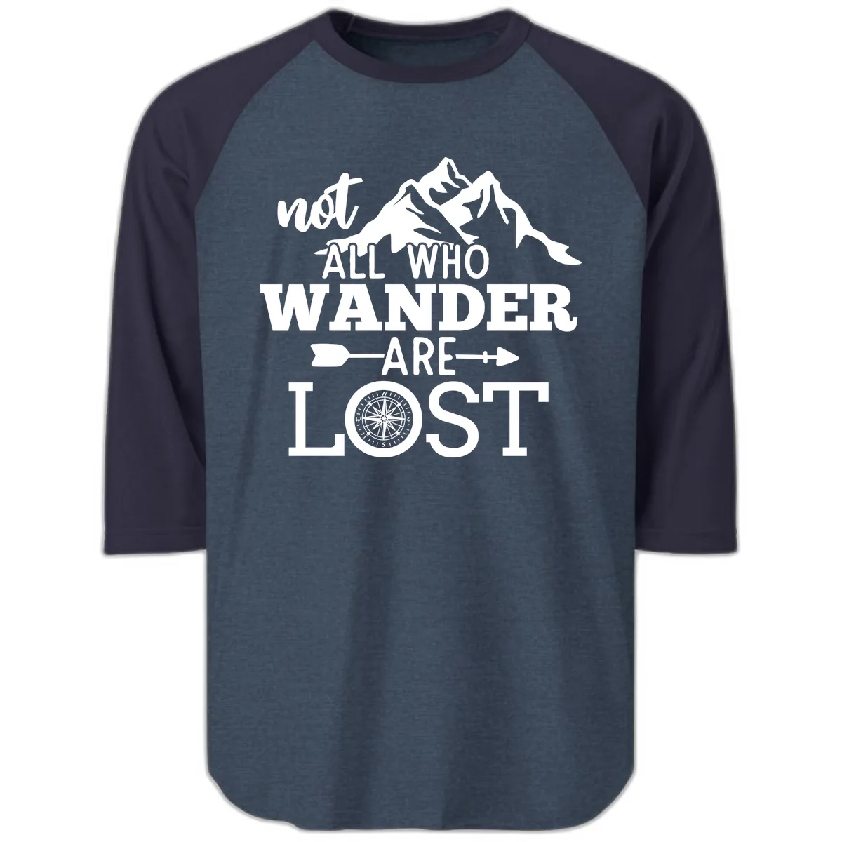 Not All Who Wander Are Lost Raglan 3/4 in Heather Denim Navy