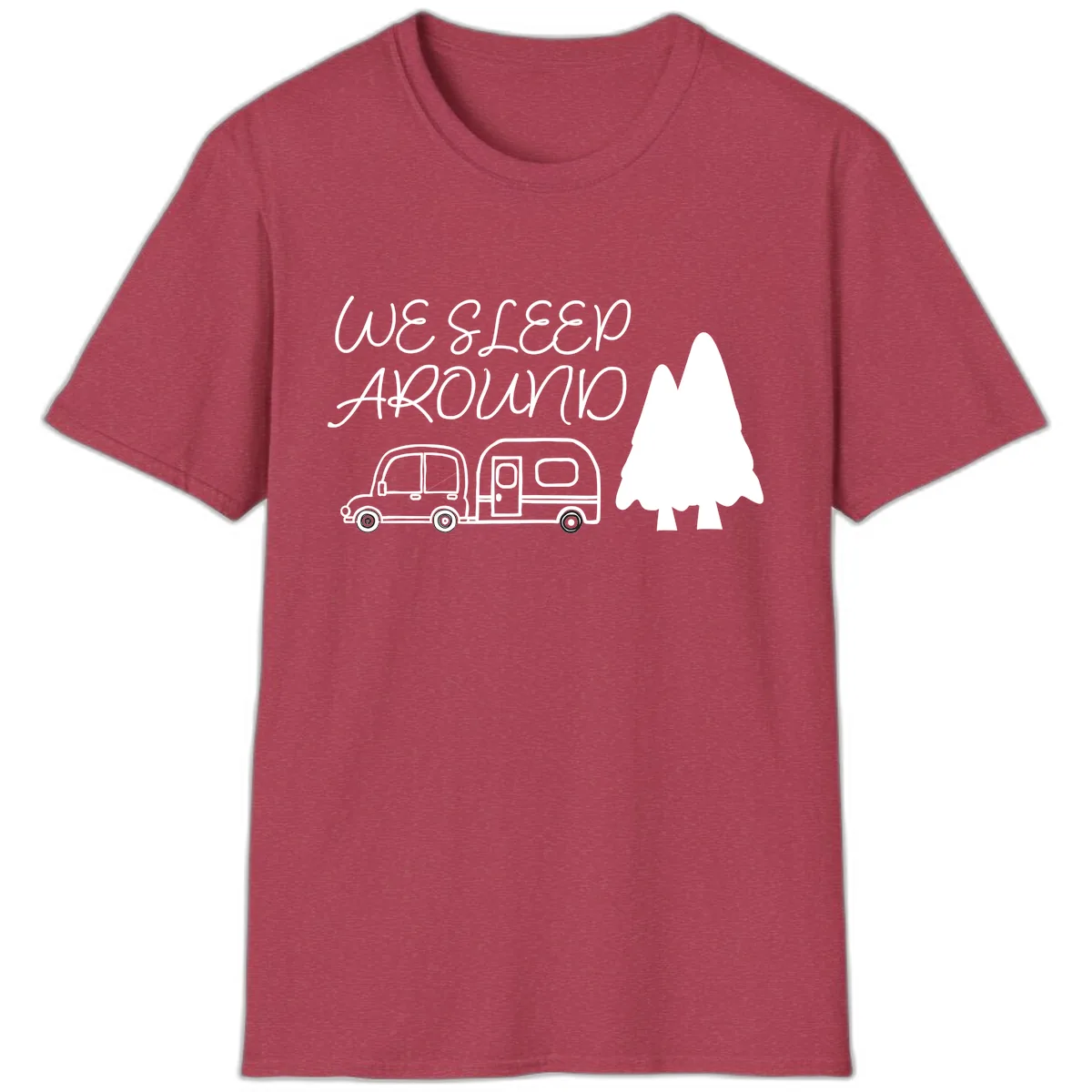 We Sleep Around Camping Adventure T-Shirt in Heather Cardinal