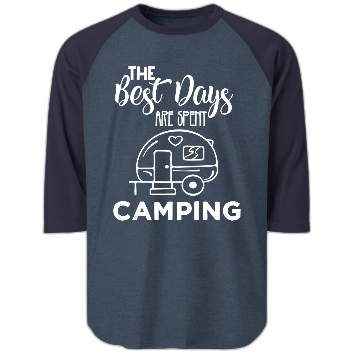 The Best Days Are Spent Camping Raglan 3/4 in Heather Denim Navy