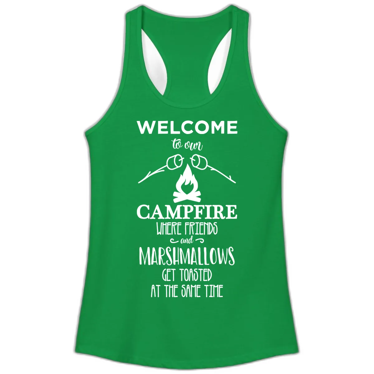Welcome To Our Campfire Ladies Tank in Solid Kelly Green