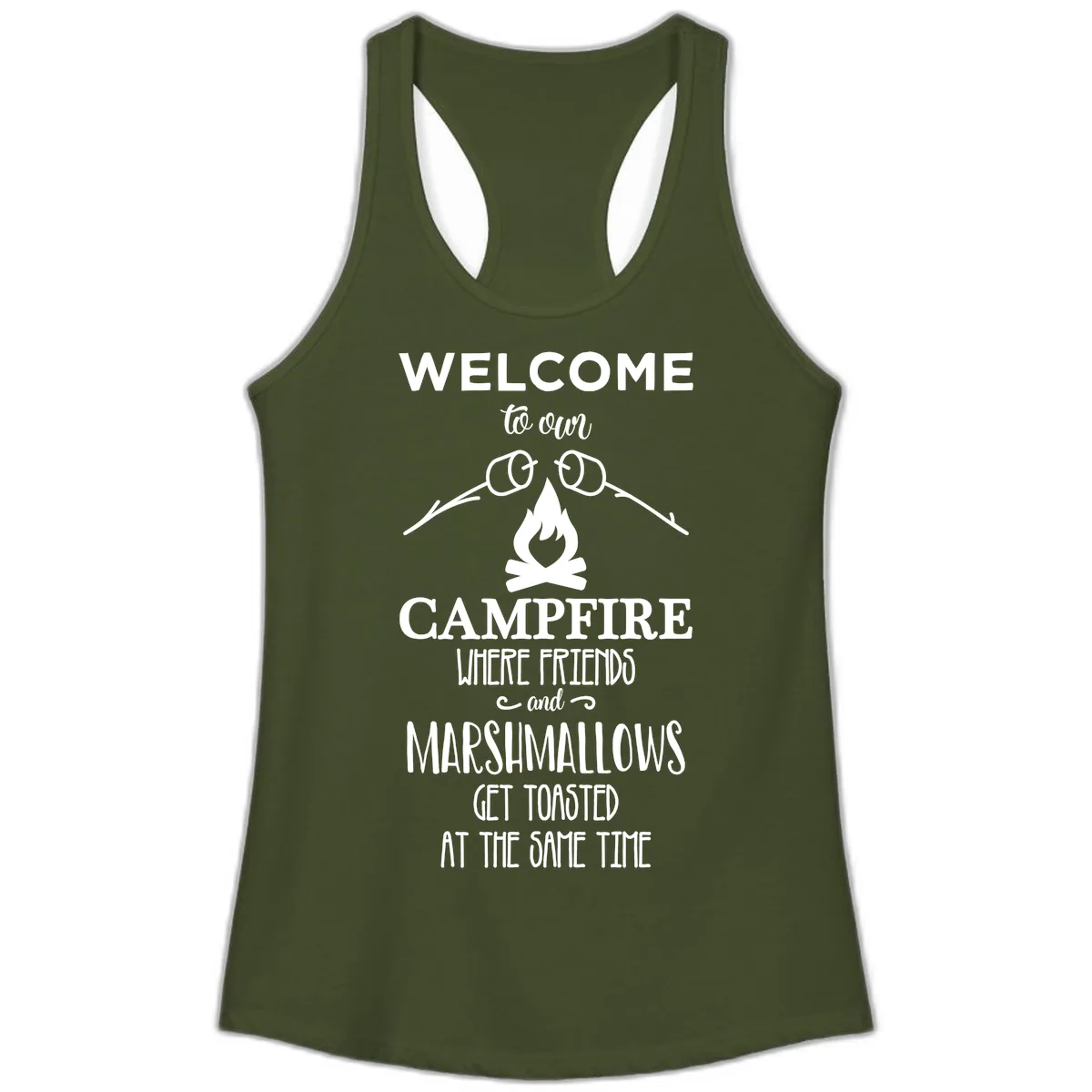 Welcome To Our Campfire Ladies Tank in Solid Military Green