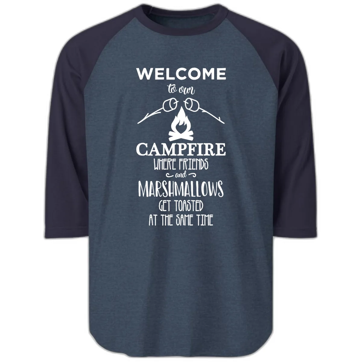 Welcome To Our Campfire Raglan 3/4 in Heather Denim Navy