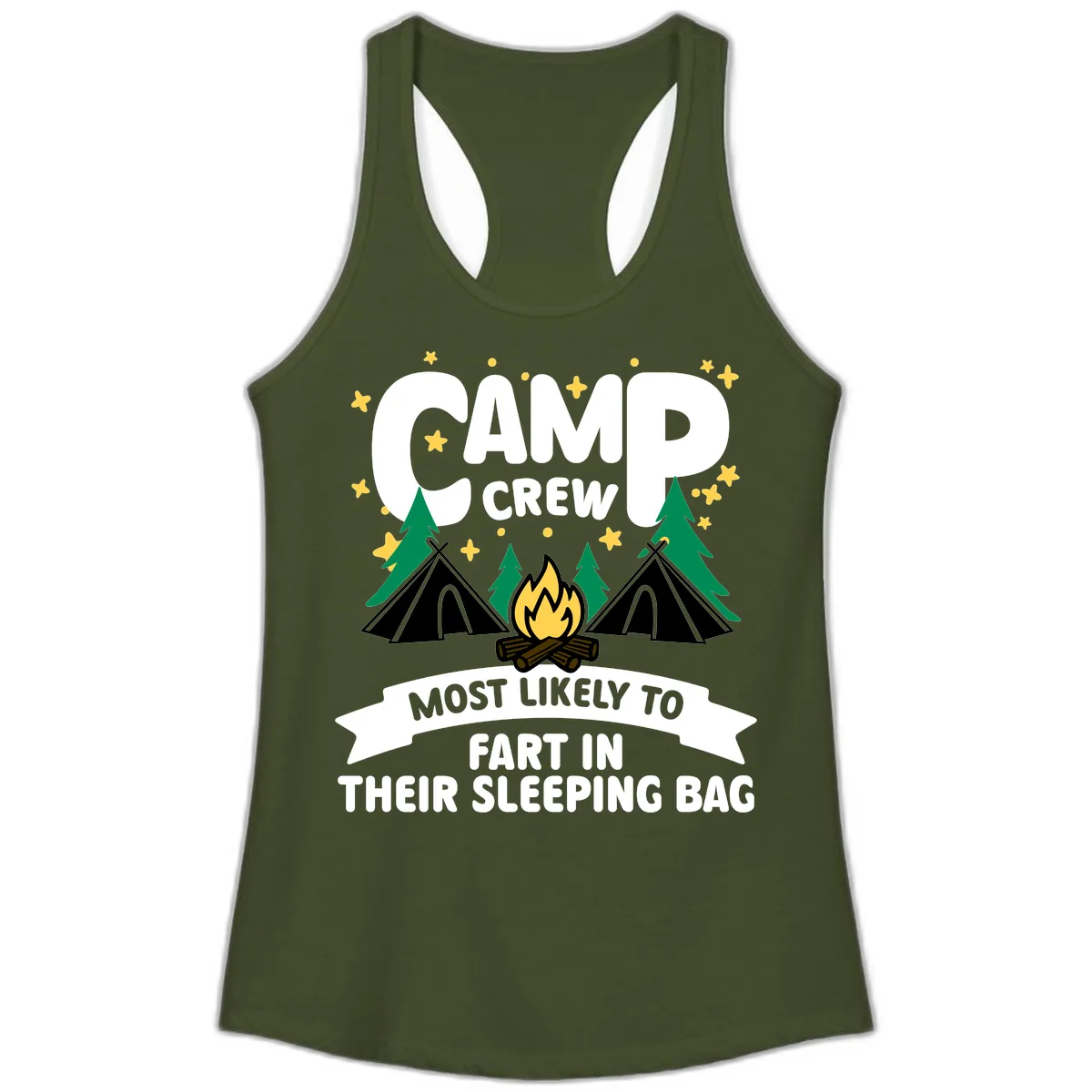 Camp Crew Sleeping Bag Farts Ladies Tank in Solid Military Green
