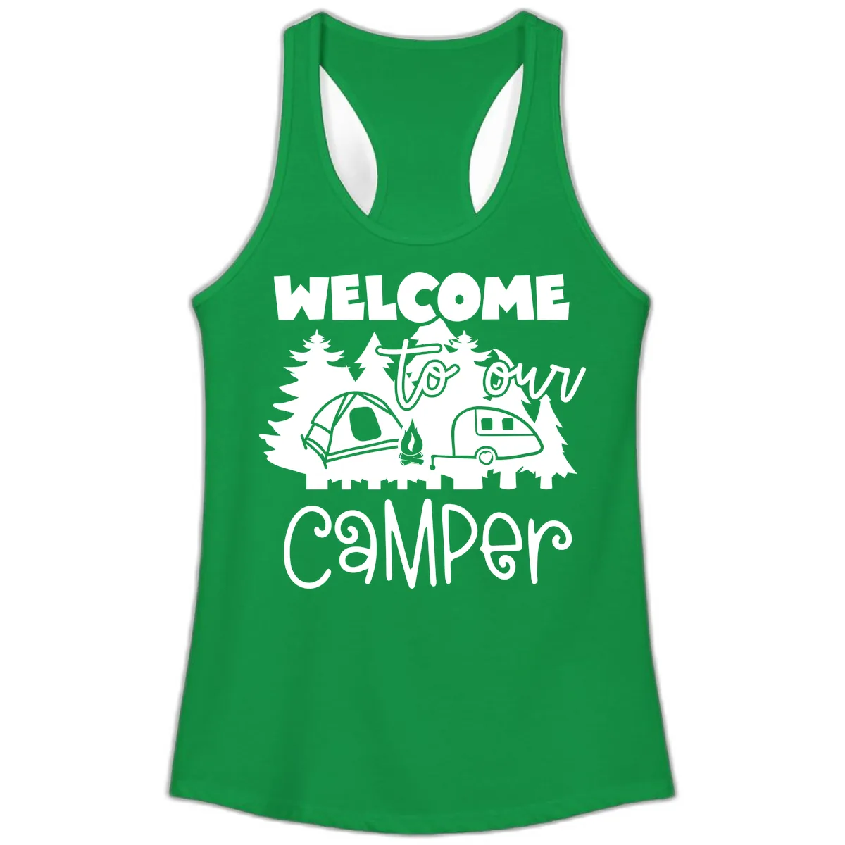 Welcome To Our Camper Ladies Tank in Solid Kelly Green