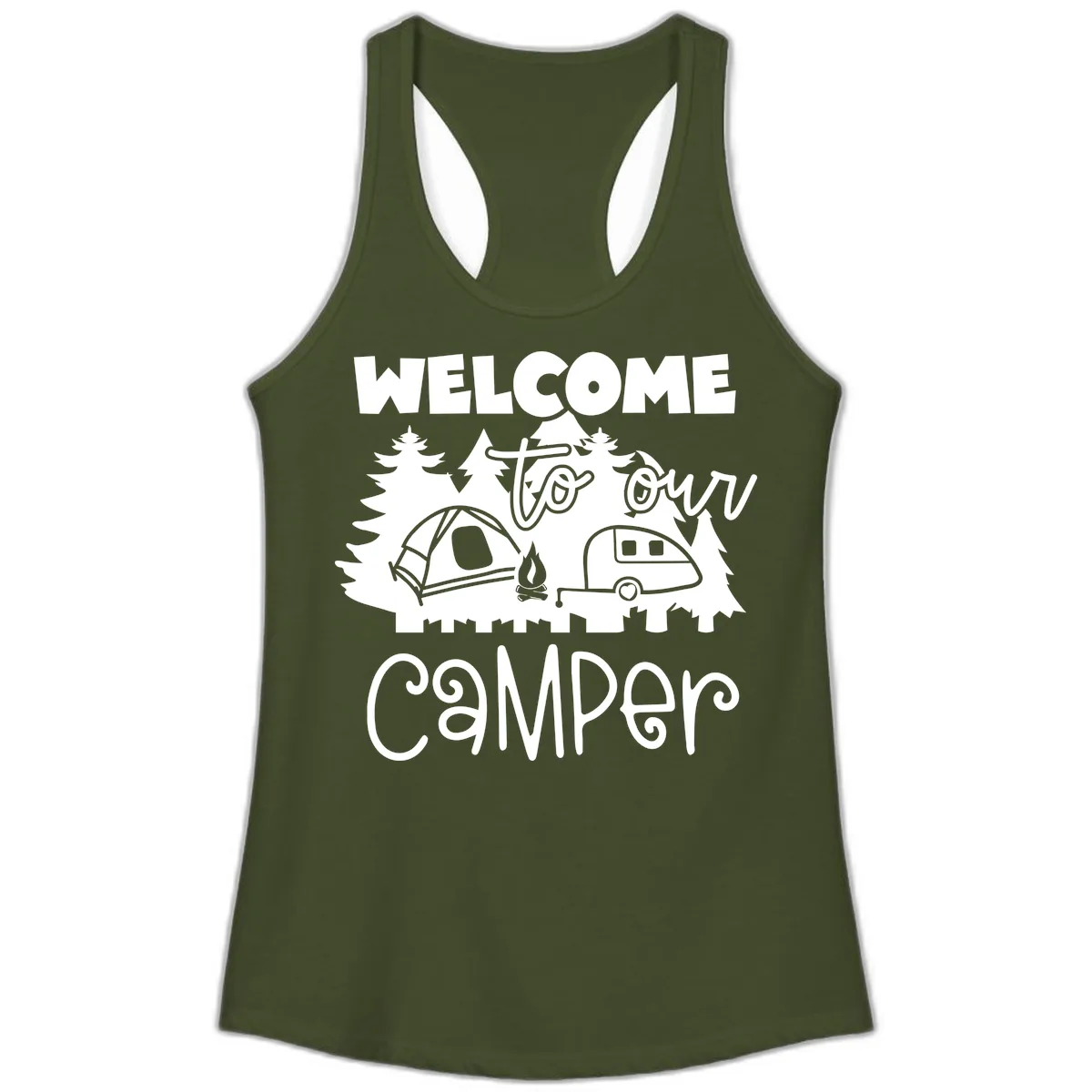 Welcome To Our Camper Ladies Tank in Solid Military Green