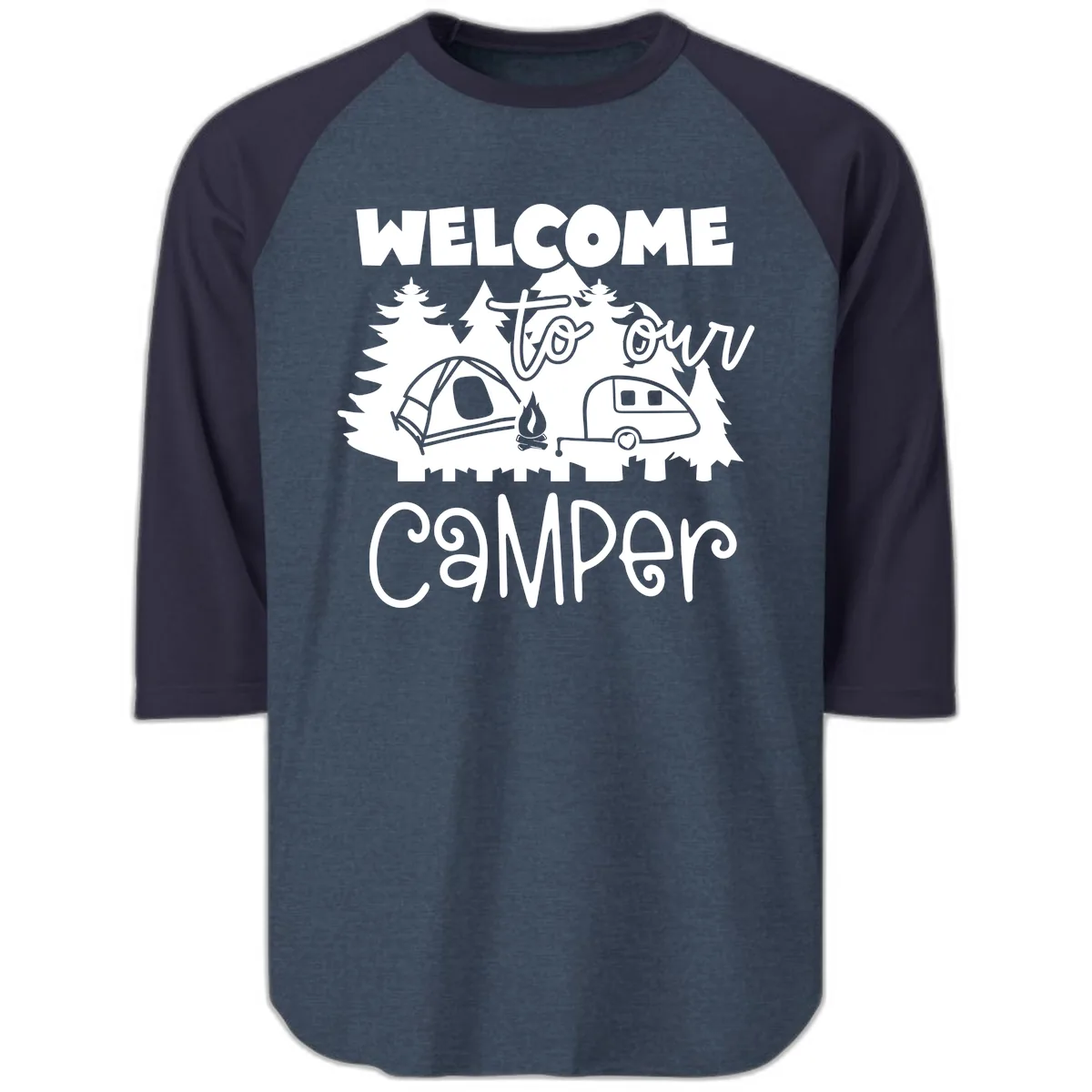 Welcome To Our Camper Raglan 3/4 in Heather Denim Navy