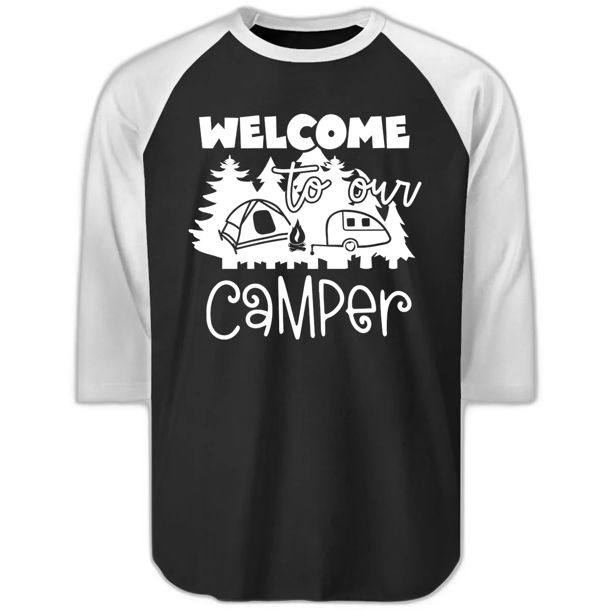 Welcome To Our Camper Raglan 3/4 in Black White