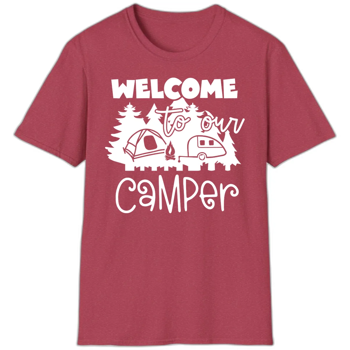 Welcome To Our Camper T-Shirt in Heather Cardinal