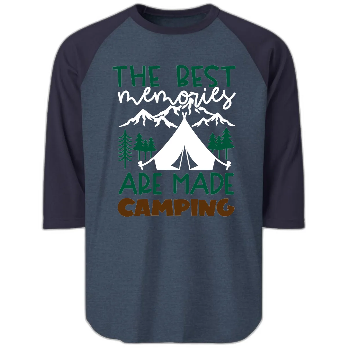 The Best Memories Are Made Camping Raglan 3/4 in Heather Denim Navy