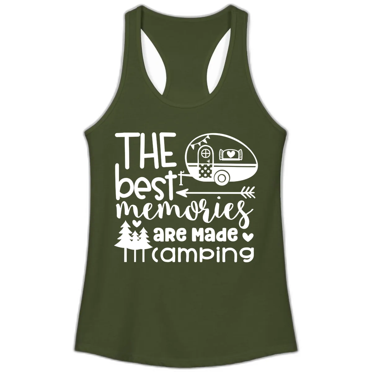 The Best Memories Are Made Camping Ladies Tank in Solid Military Green