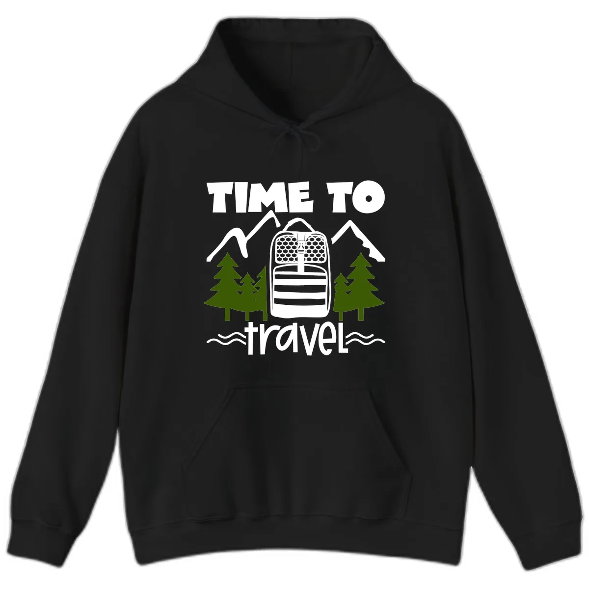 Time To Travel Mountain Backpack Hoodie in Black