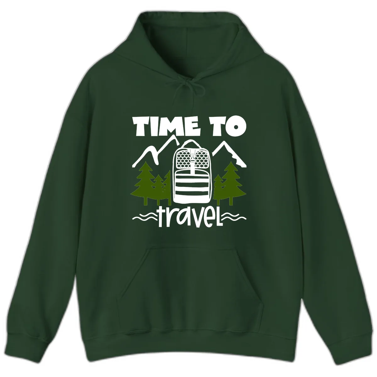 Time To Travel Mountain Backpack Hoodie in Forest Green