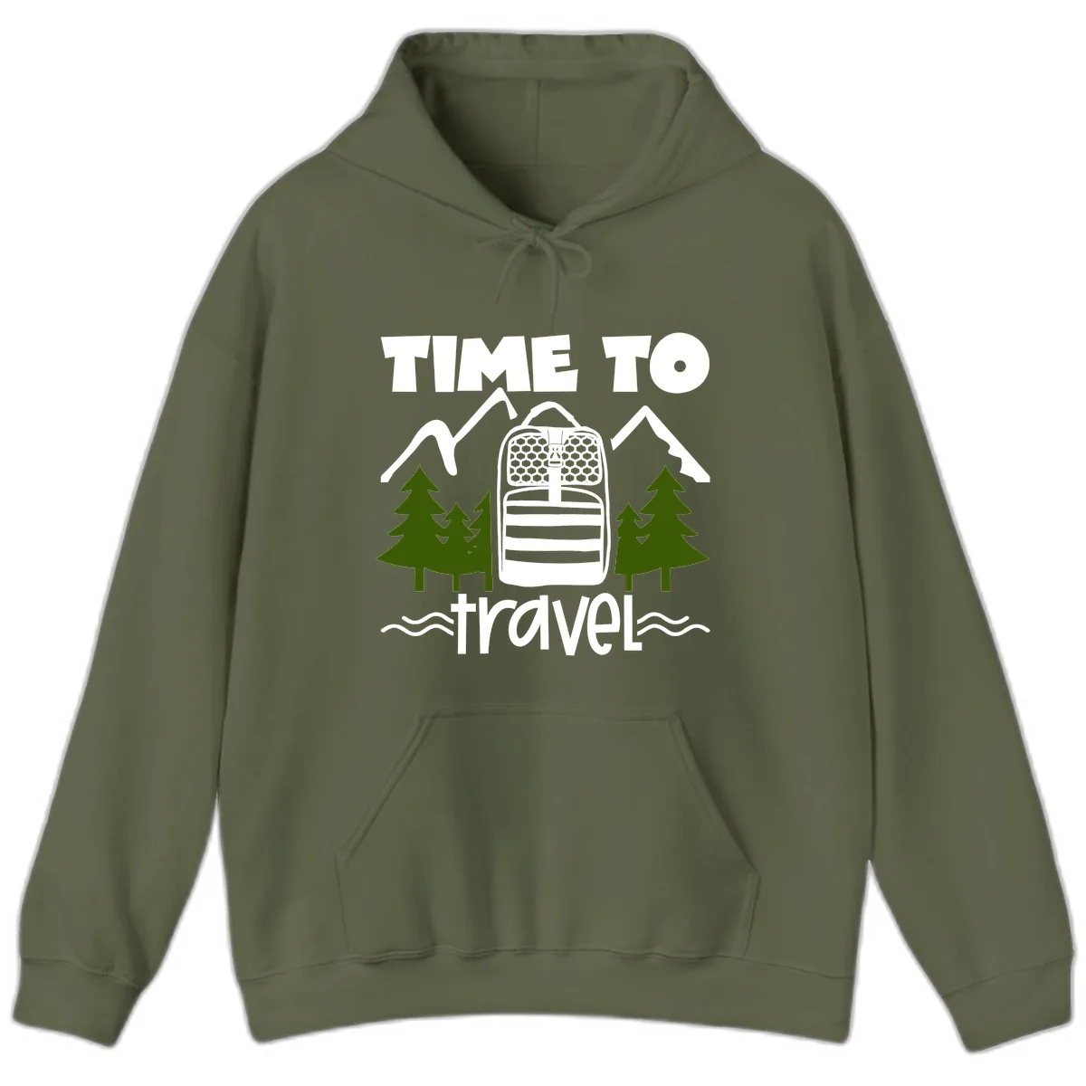 Time To Travel Mountain Backpack Hoodie in Military Green