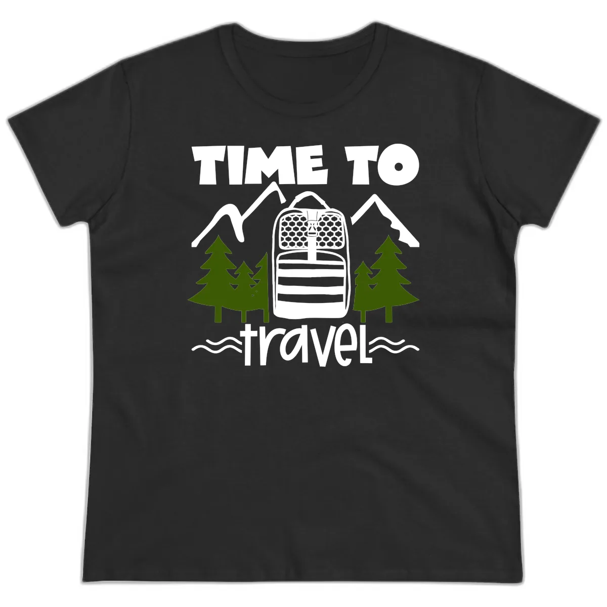 Time To Travel Mountain Backpack Ladies Tee in Black
