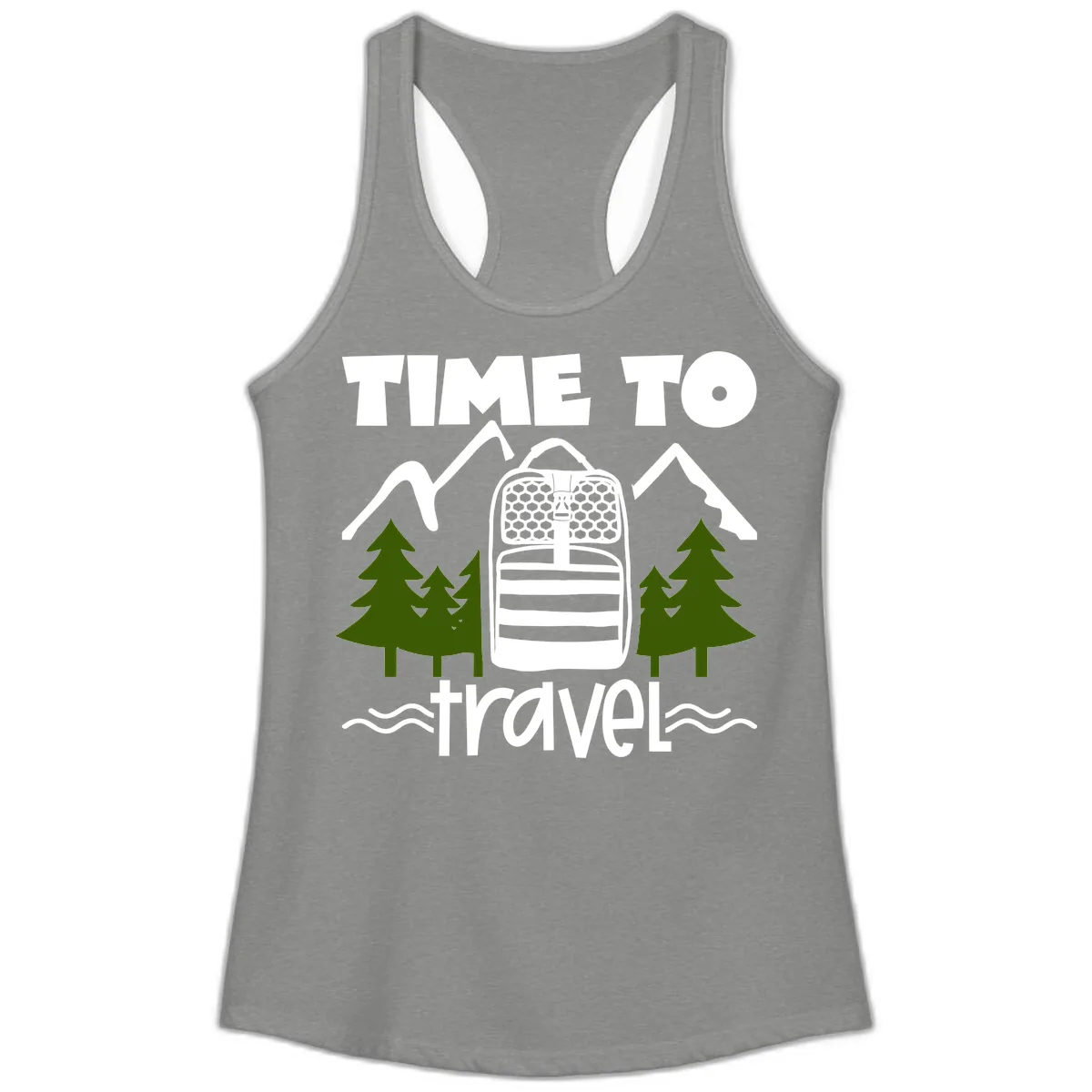 Time To Travel Mountain Backpack Ladies Tank in Heather Grey