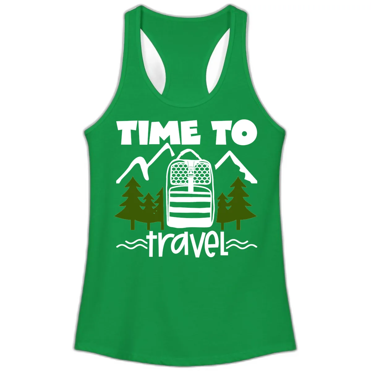 Time To Travel Mountain Backpack Ladies Tank in Solid Kelly Green