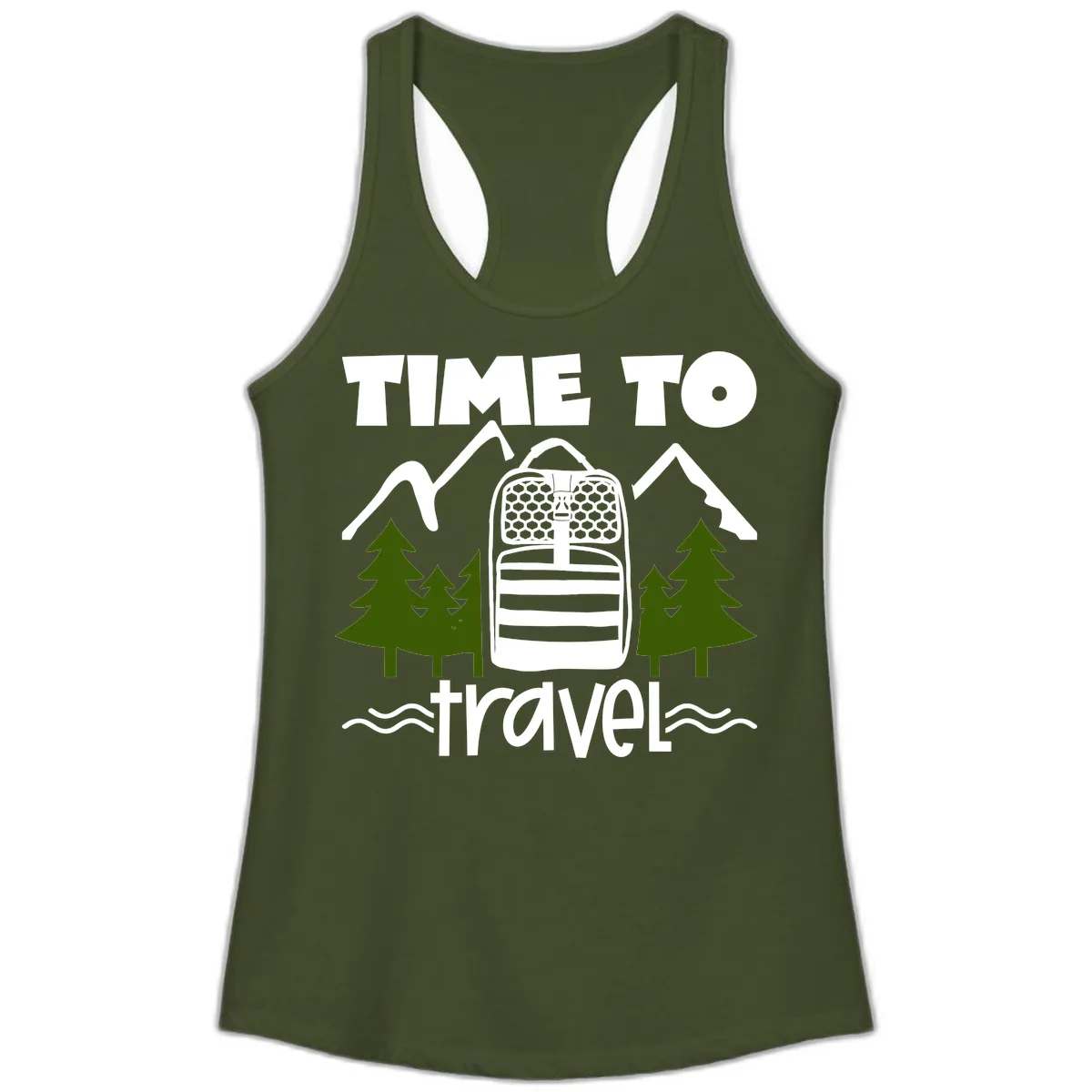 Time To Travel Mountain Backpack Ladies Tank in Solid Military Green