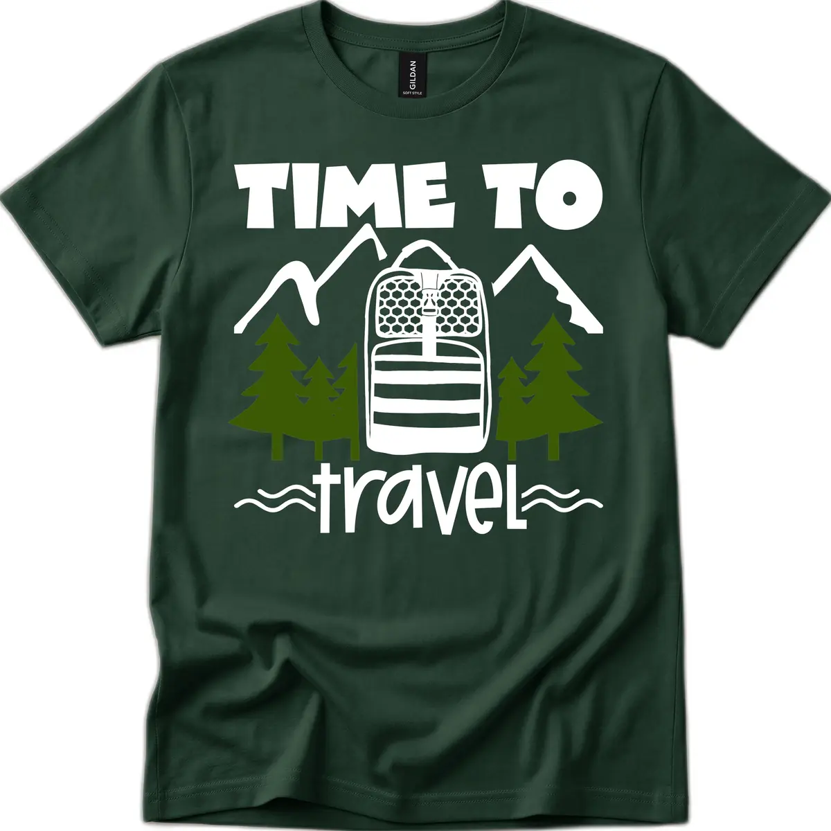 Time To Travel Mountain Backpack T-Shirt in Forest Green