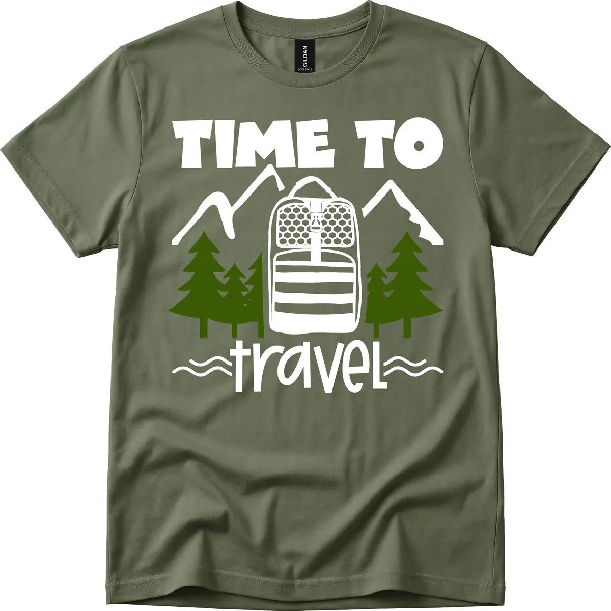 Time To Travel Mountain Backpack T-Shirt in Military Green