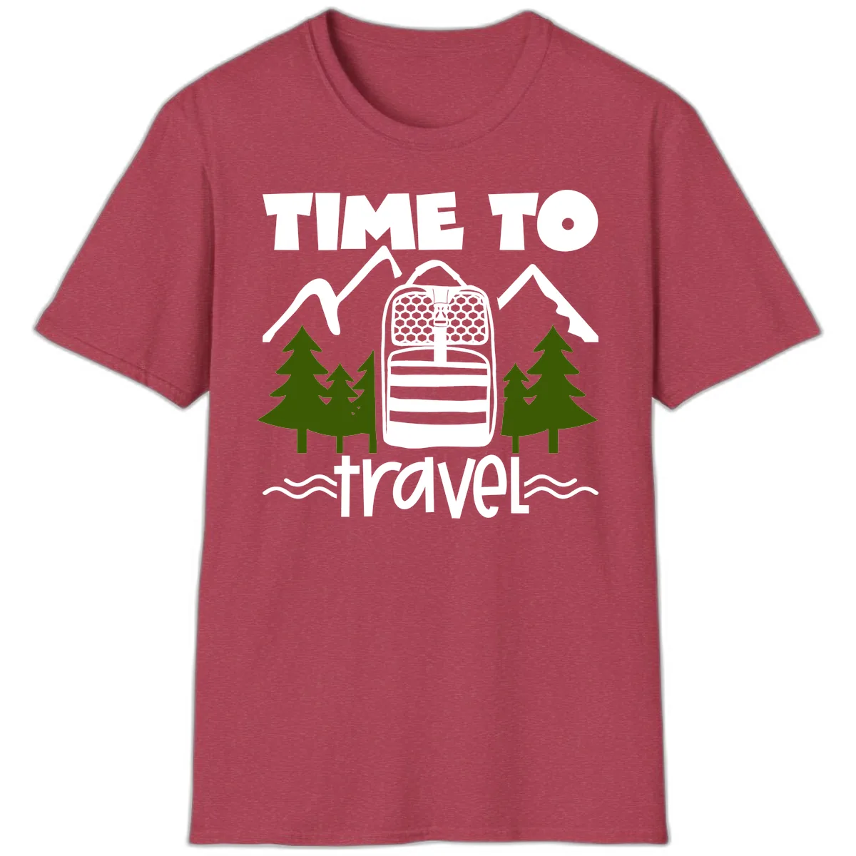 Time To Travel Mountain Backpack T-Shirt in Heather Cardinal