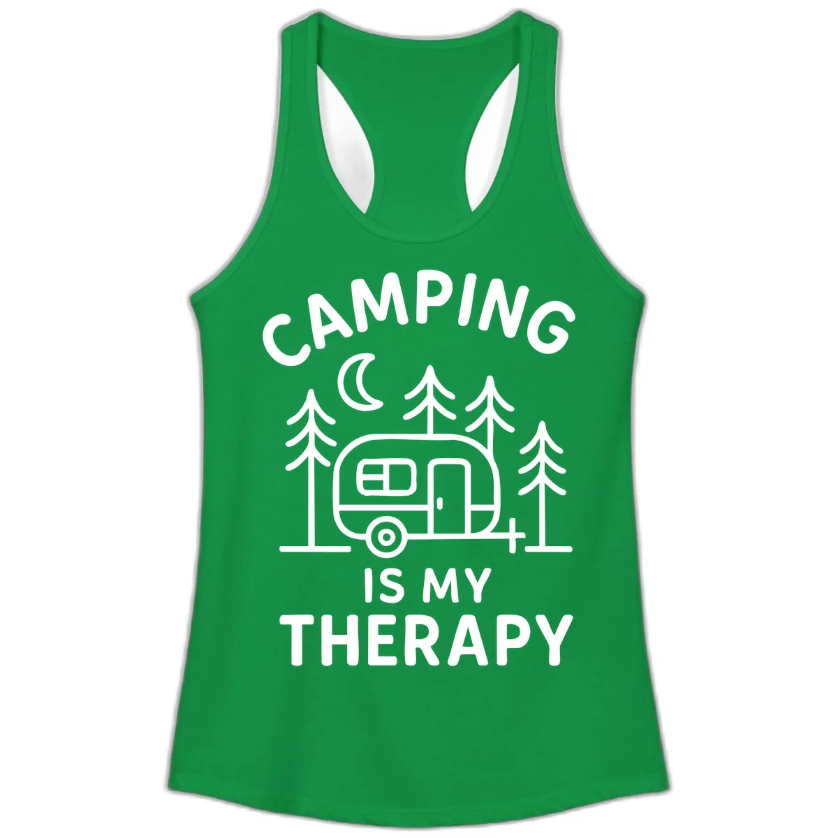 Camping Is My Therapy Ladies Tank in Solid Kelly Green