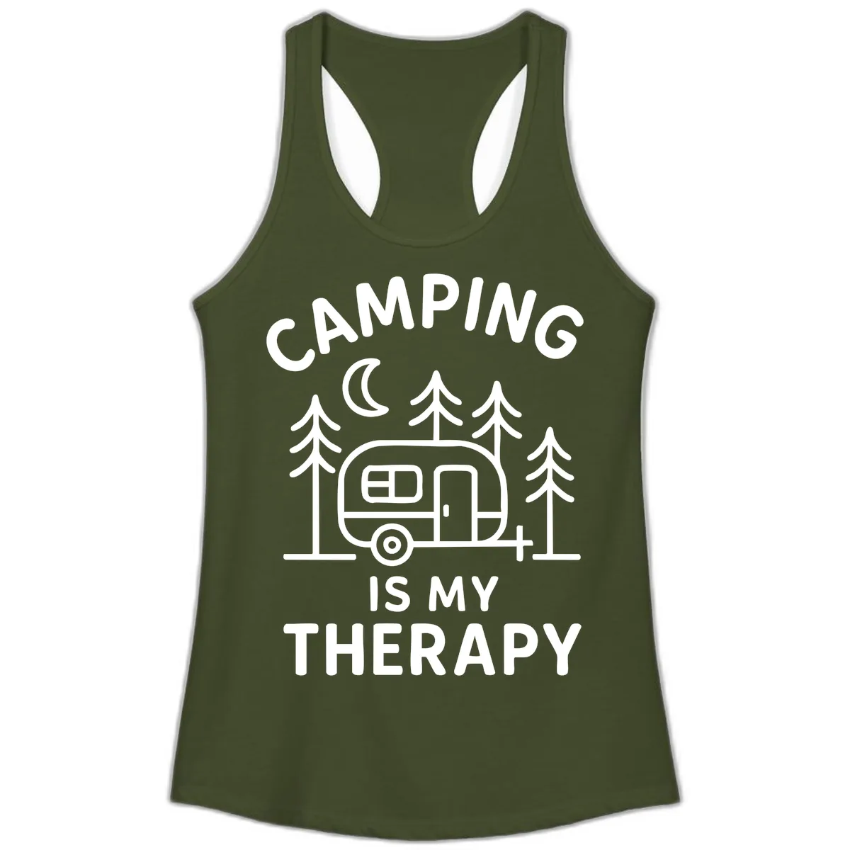 Camping Is My Therapy Ladies Tank in Solid Military Green