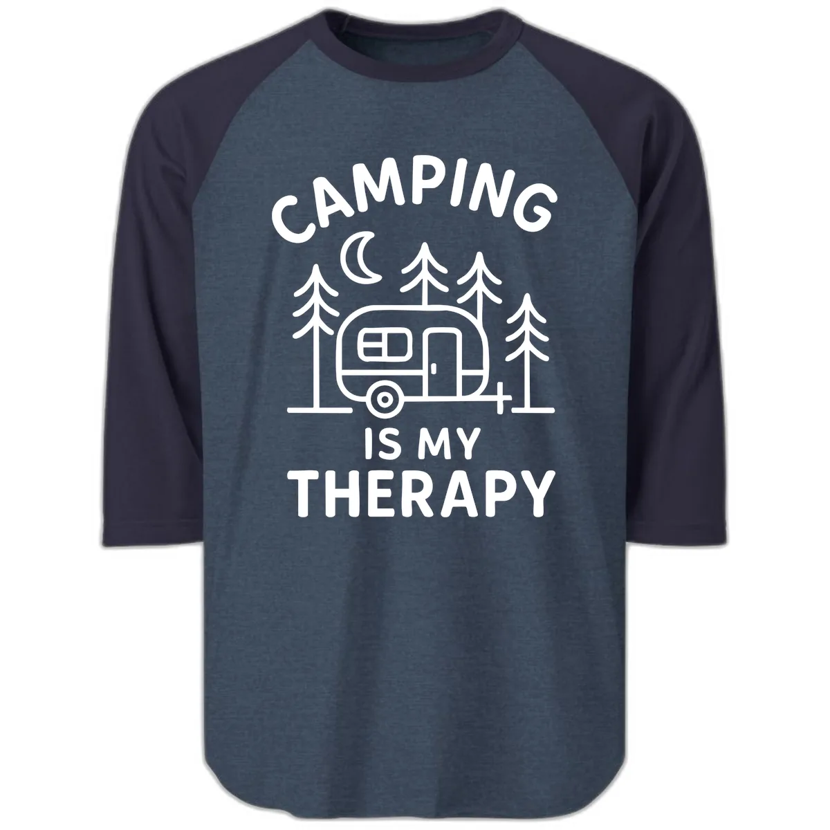 Camping Is My Therapy Raglan 3/4 in Heather Denim Navy