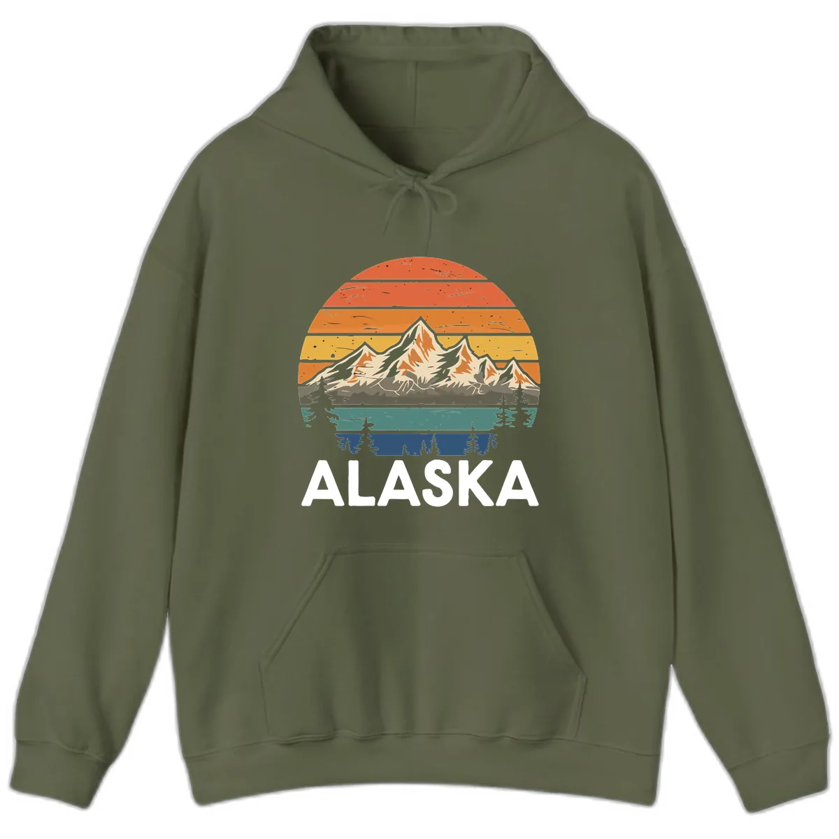 Alaska Mountain Sunset Layers Hoodie in Military Green