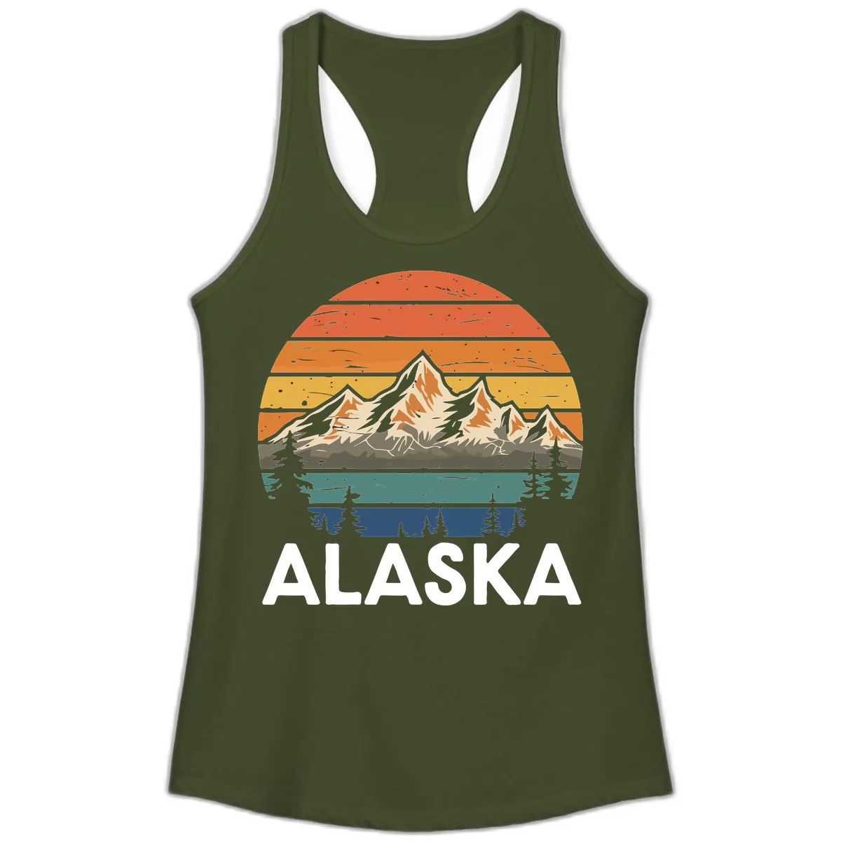 Alaska Mountain Sunset Layers Ladies Tank in Solid Military Green