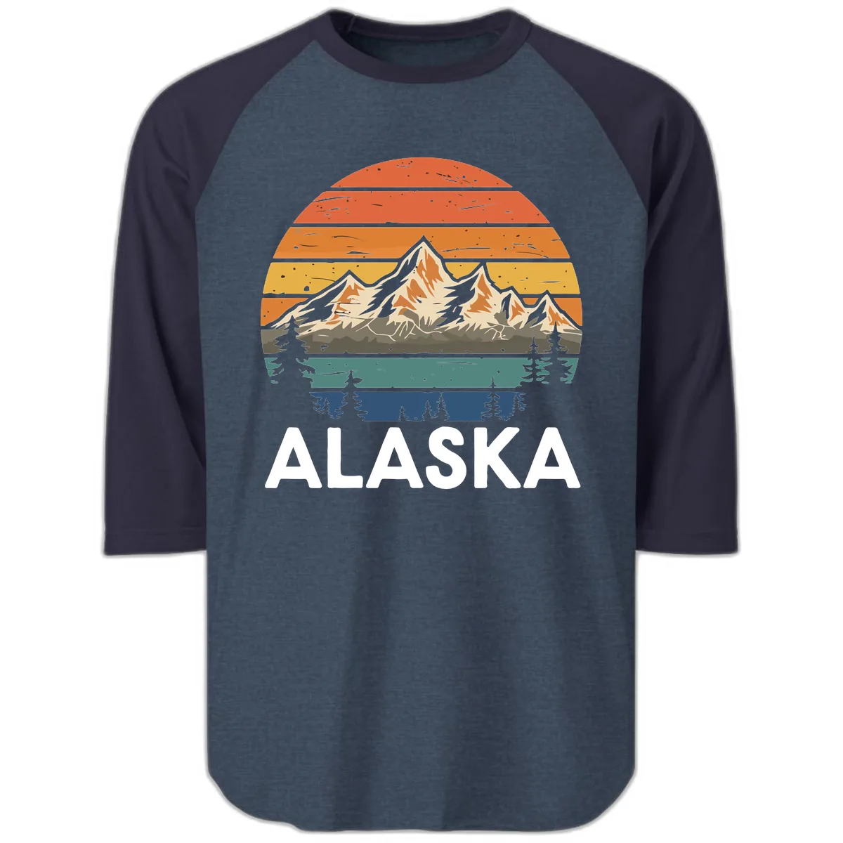 Alaska Mountain Sunset Layers Raglan 3/4 in Heather Denim Navy