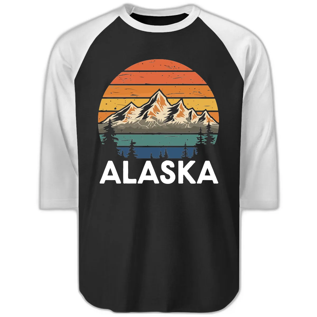 Alaska Mountain Sunset Layers Raglan 3/4 in Black White