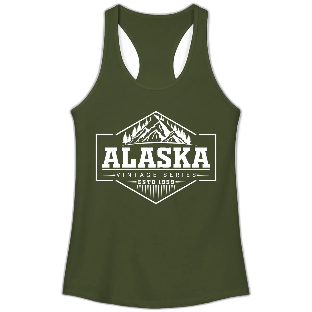 Alaska Vintage Series Mountain Badge Ladies Tank in Solid Military Green