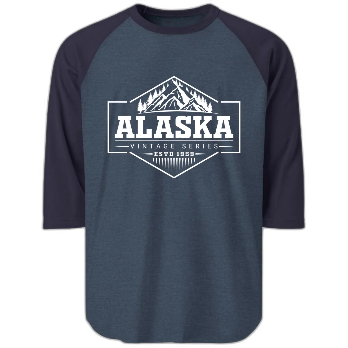 Alaska Vintage Series Mountain Badge Raglan 3/4 in Heather Denim Navy