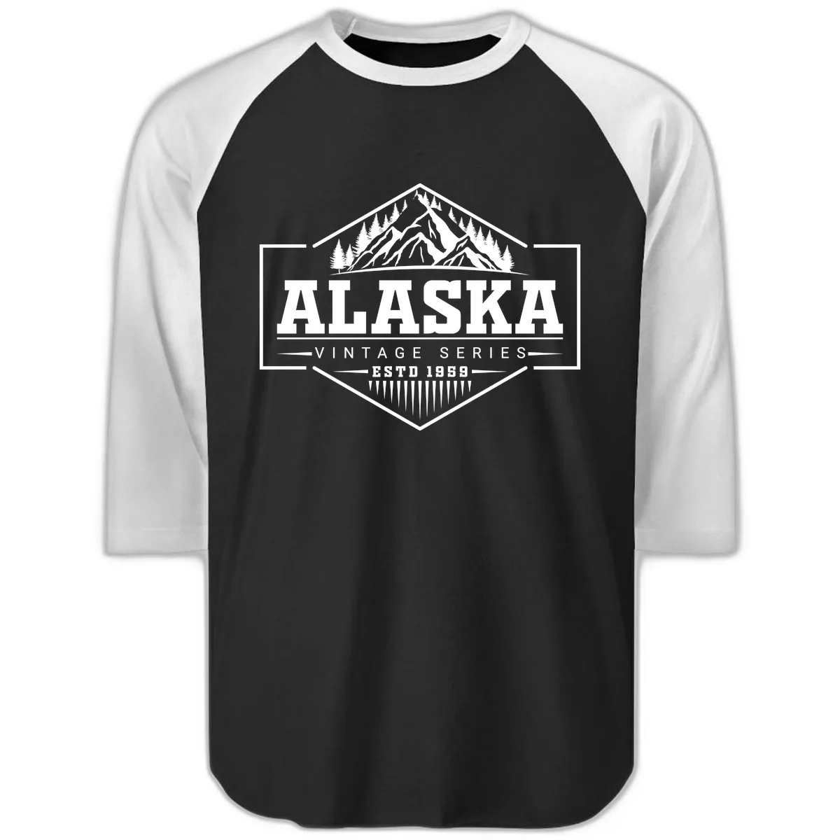 Alaska Vintage Series Mountain Badge Raglan 3/4 in Black White