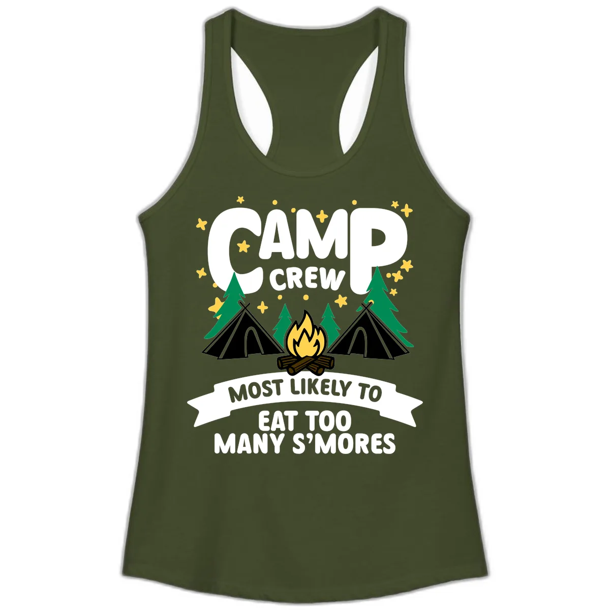 Camp Crew S'mores Most Likely Ladies Tank in Solid Military Green