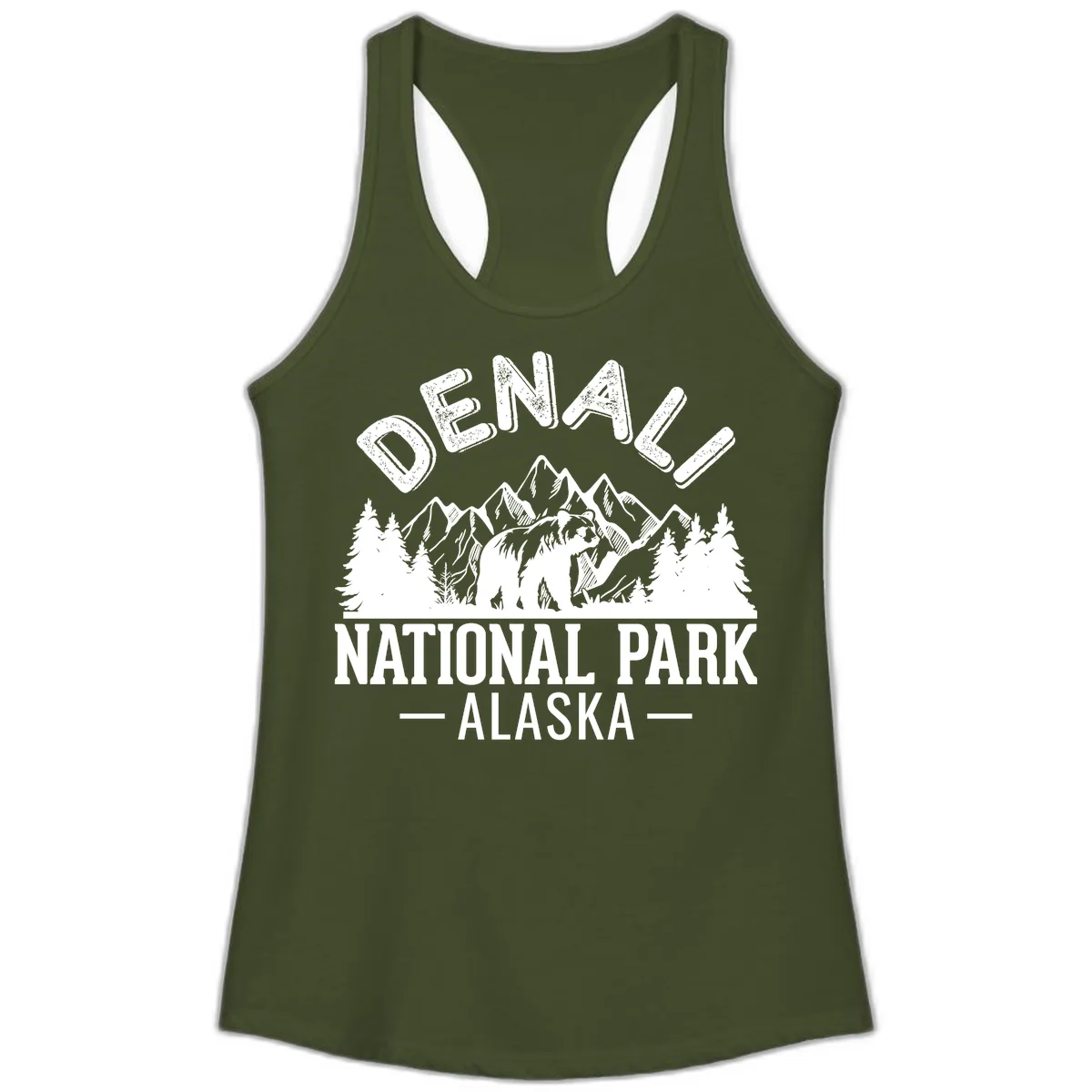 Denali National Park Alaska Ladies Tank in Solid Military Green